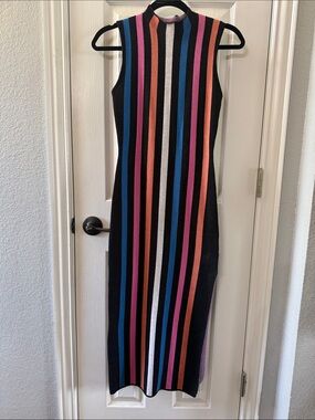 Sleeveless Black Knit Midi Dress with Multicolor Stripes